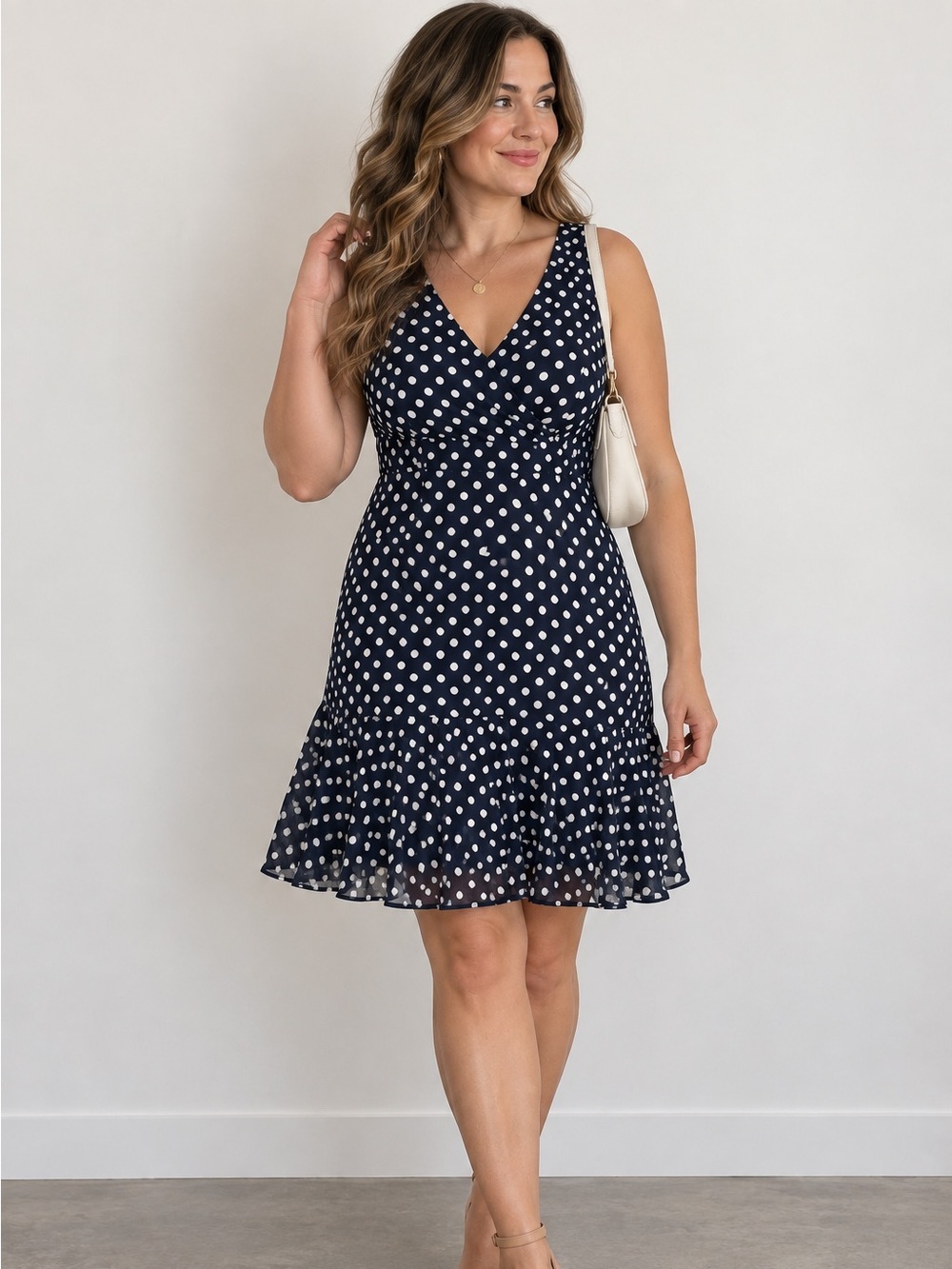 Lauren Ralph Lauren Black Label Polka Dot Dress Navy White V Neck Fit Flare